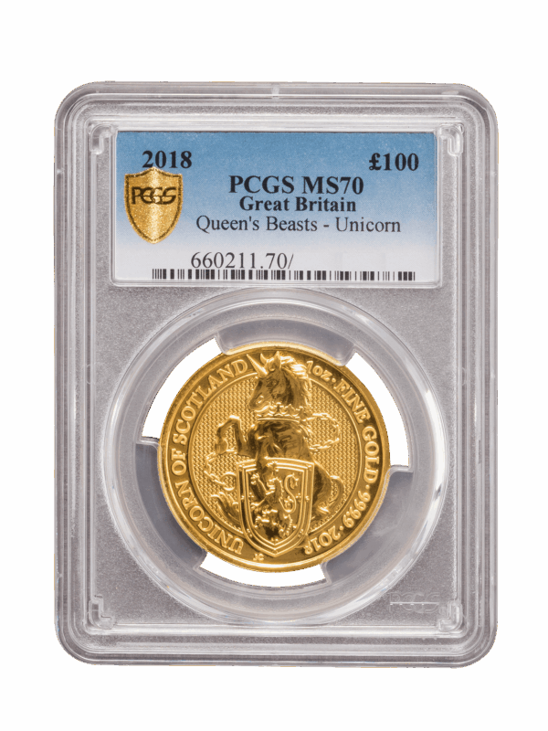 PCGS 2018 1oz Gold Queen's Beast 'Unicorn' MS70