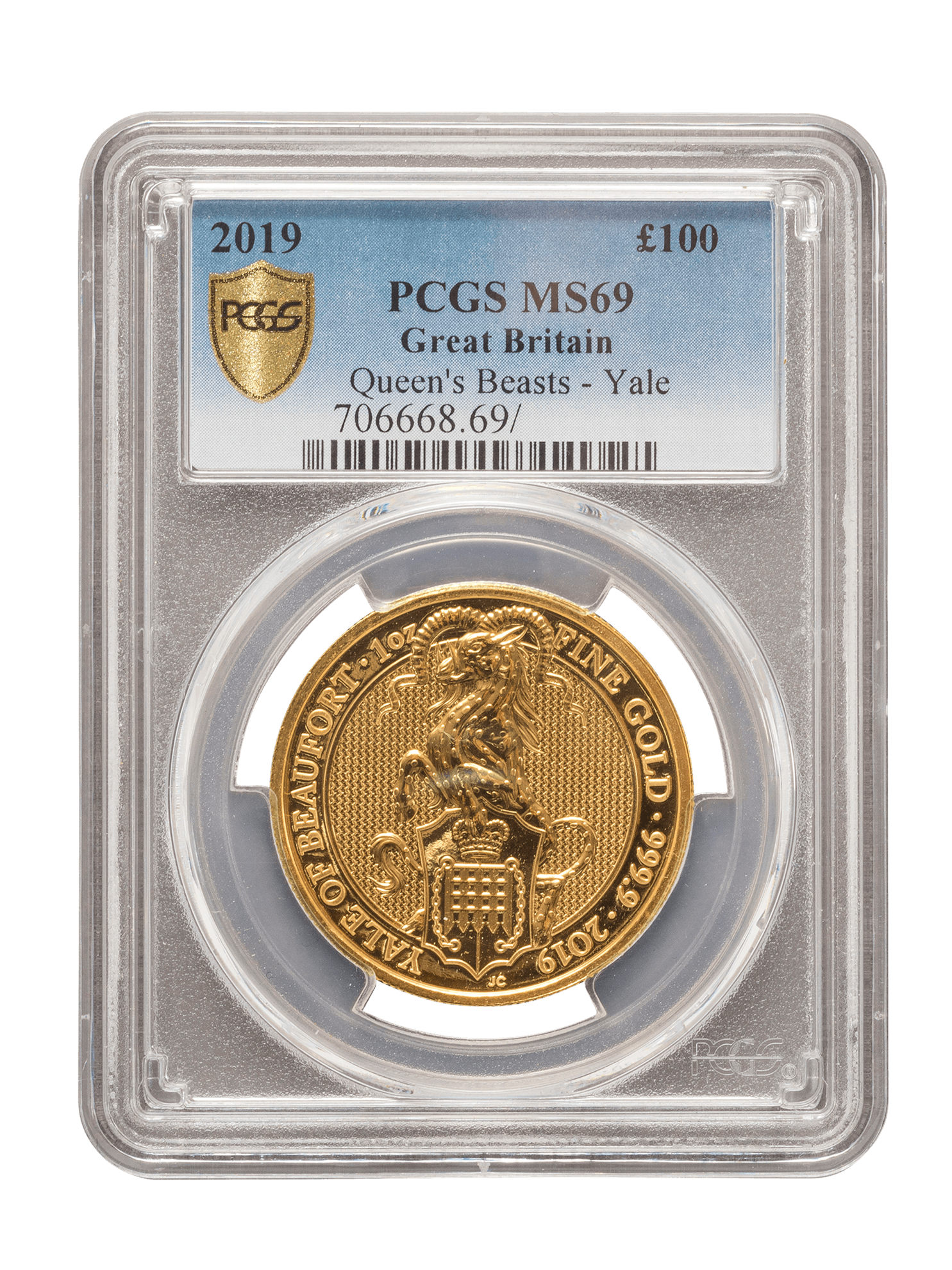 PCGS 2019 1oz Gold Queen's Beast 'Yale' MS69