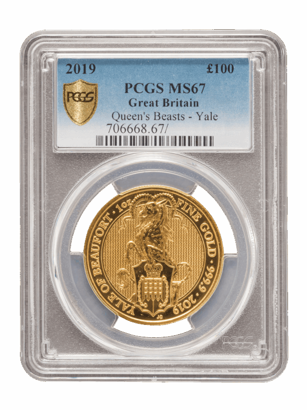 PCGS 2019 1oz Gold Queen's Beast 'Yale' MS67
