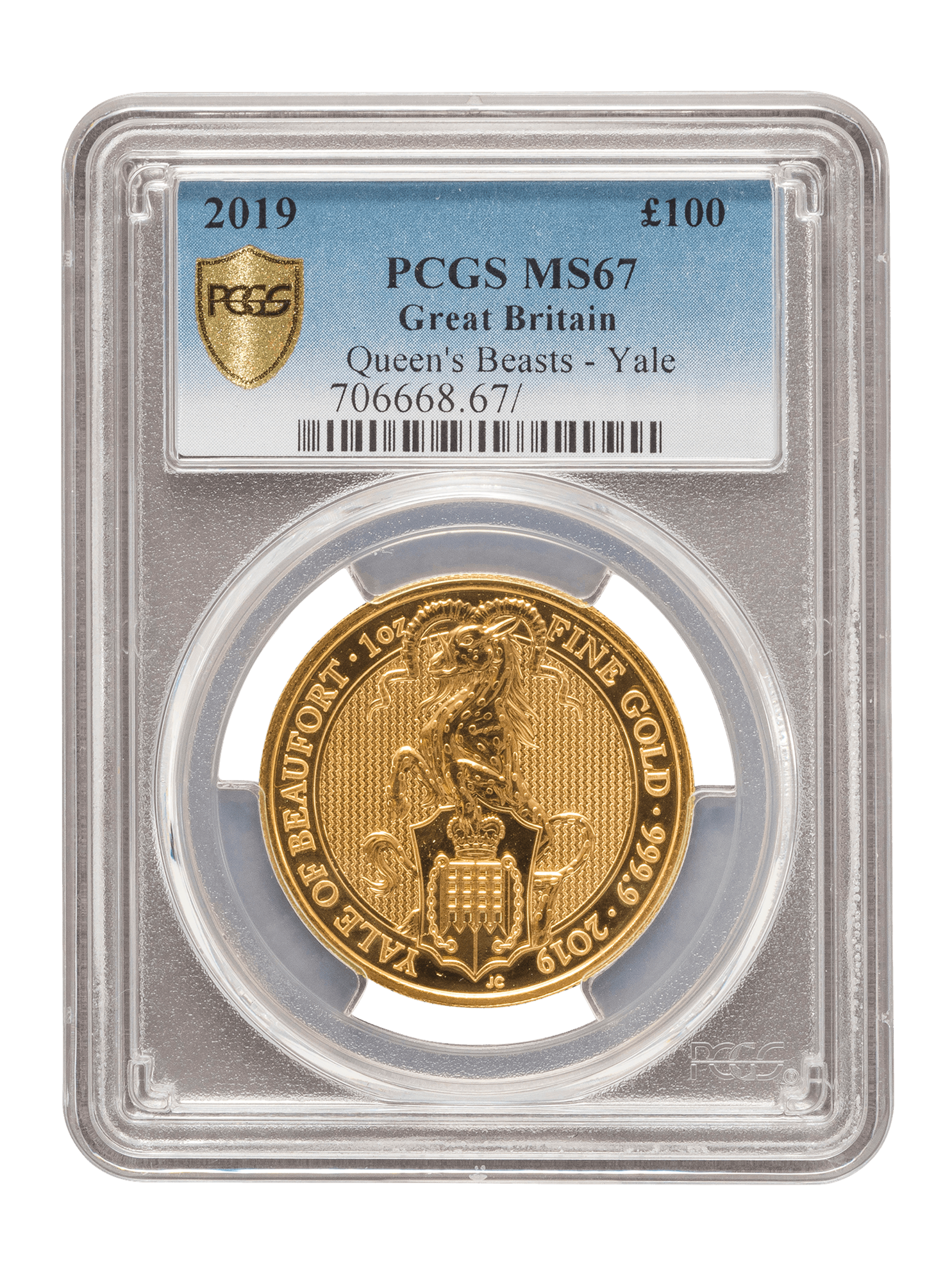 PCGS 2019 1oz Gold Queen's Beast 'Yale' MS67