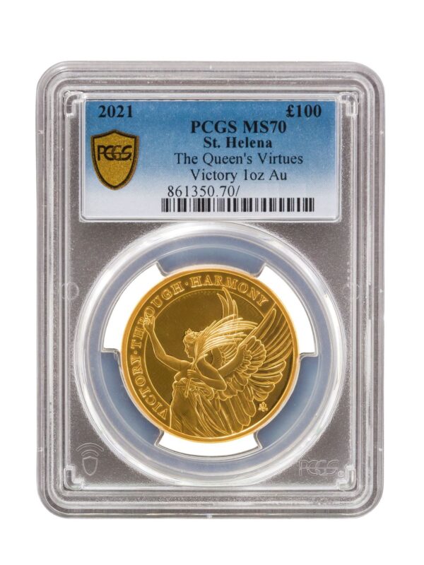 PCGS 2021 1oz 24k Gold UK Queen's Virtue 'Victory' MS70