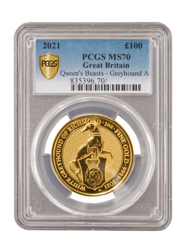 PCGS 2021 1oz Gold Queen's Beast 'Greyhound' MS70