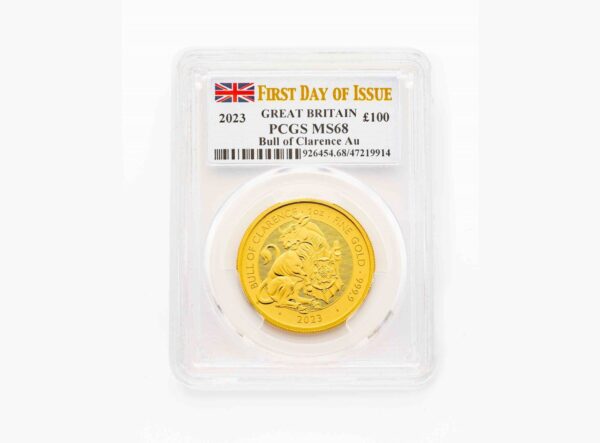 PCGS 2023 1oz Gold First Day of Issue Tudor Beast 'Bull' MS68